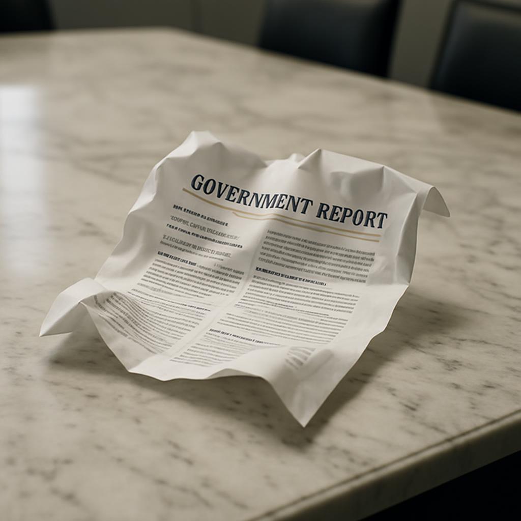 Government Report crumpled on a table made of marble, suggesting a veteran's white powder residue has been cleaned from it...