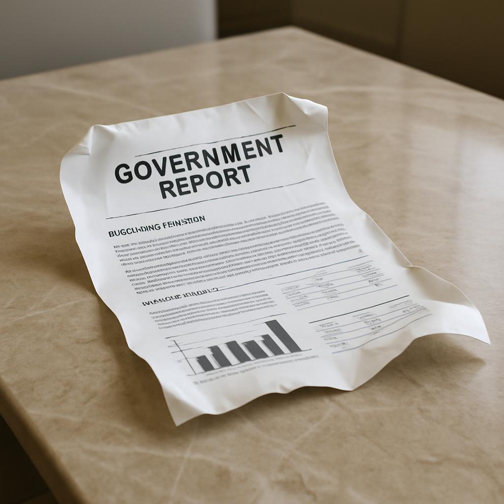 Government report crumpled on desk with text overlaid with a foreign language.